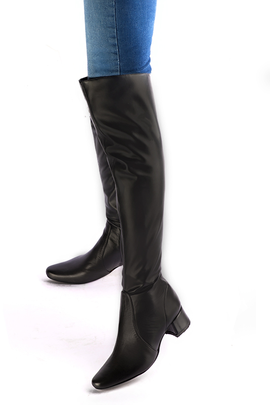 Satin black women's stretch thigh-high boots. Round toe. Low flare heels. Made to measure. Worn view - Florence KOOIJMAN